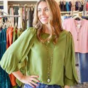 LAROQUE -  EMERALD SILK BLOUSE WITH BUTTERFLY SLEEVES